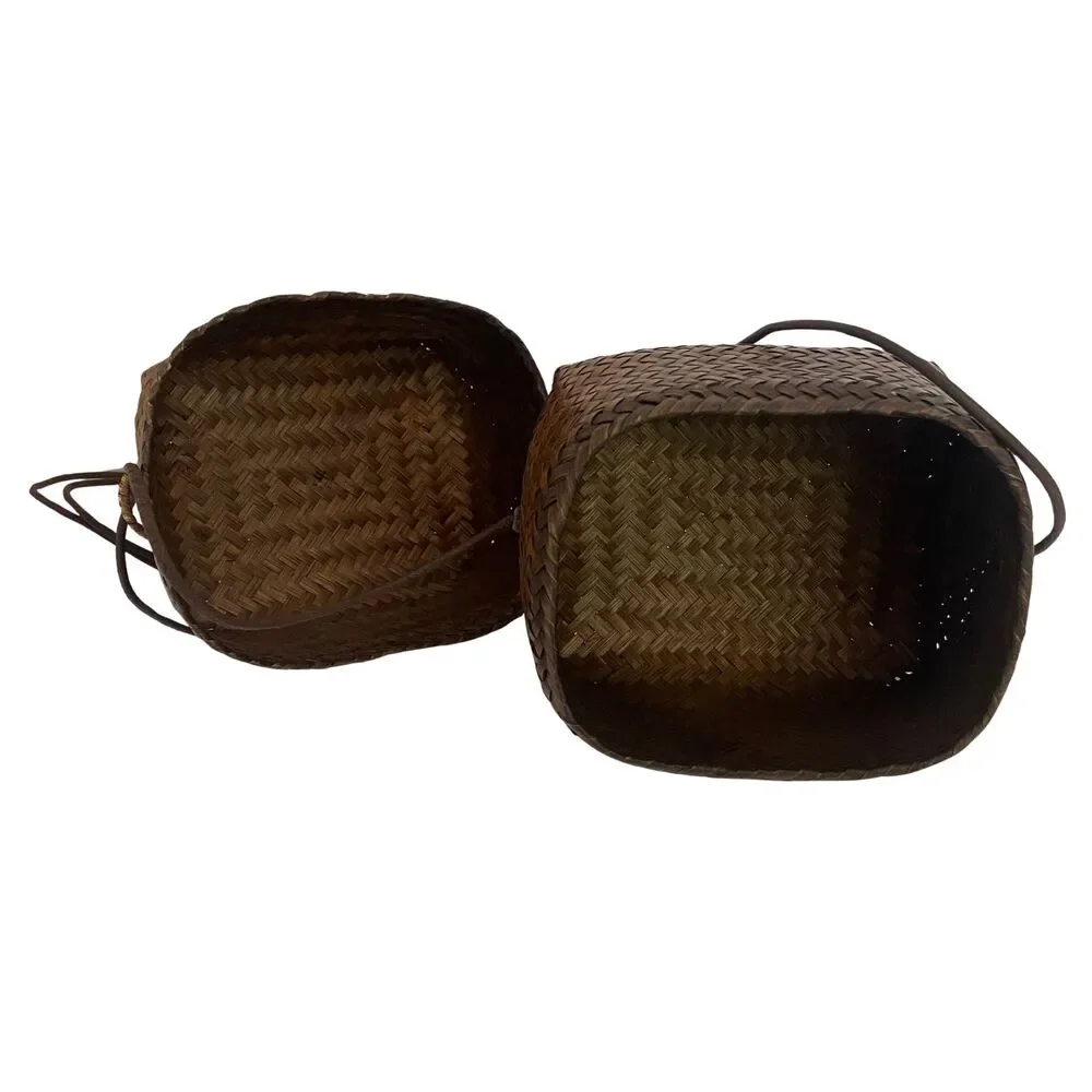 VTG Japanese Bamboo Ikebana Woven Wave Lidded Basket Purse Square Bag